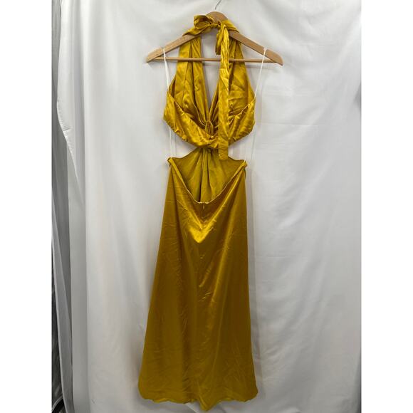 Reformation 100% Silk Mustard Yellow Halter Neck Cut Out Nerida Maxi Dress Gown - Picture 7 of 11